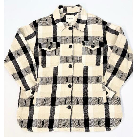 Lucky Brand Buffalo Plaid Oversized Jacket Women’s M Cream Black Southwestern - Picture 8 of 16
